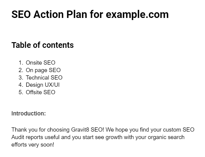 List of items included in the SEO Action plan