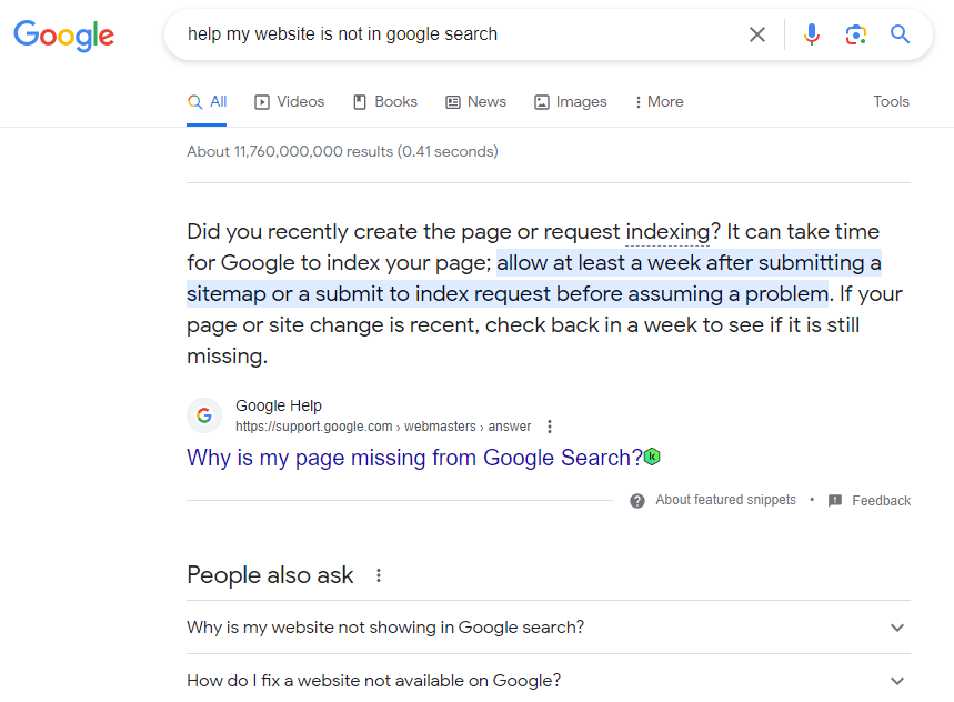 Google search result- with text that says "Help my website is not in Google Search"